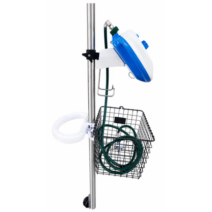 Blue and white hill-rom metaneb portable water fountain with mobile stand and wire basket holding green hoses