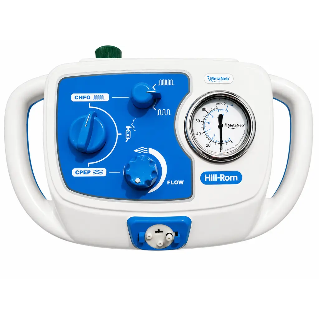 White and blue Hill-Rom MetaNeb therapy system with rolling stand biomed certified featuring pressure gauge and control knobs