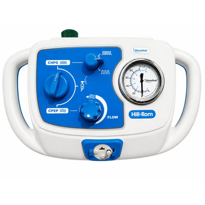 White and blue Hill-Rom MetaNeb therapy system with rolling stand biomed certified featuring pressure gauge and control knobs