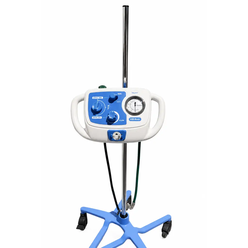 White and blue hill-rom metaneb therapy system with rolling stand biomed certified featuring control panel and pressure gauge