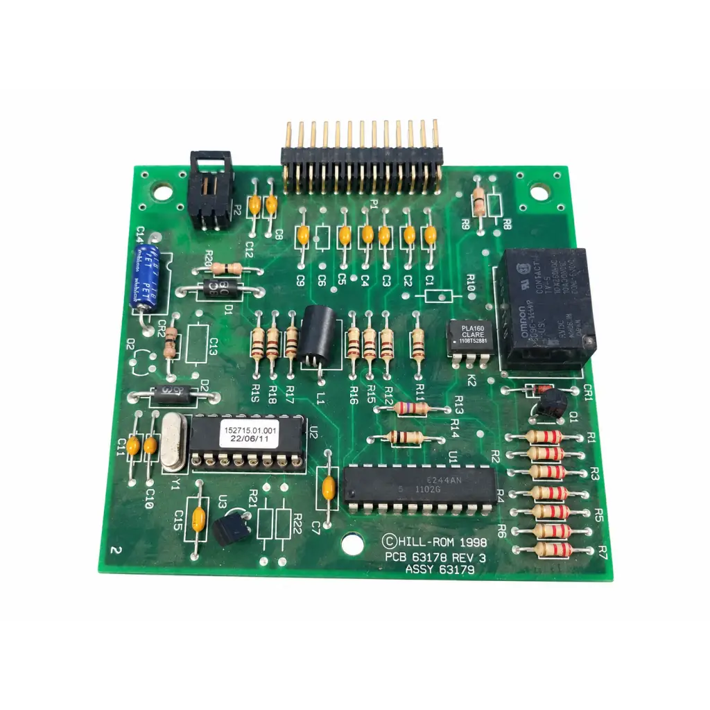 Green printed circuit board with resistors capacitors and integrated circuits hill rom total care control board assembly
