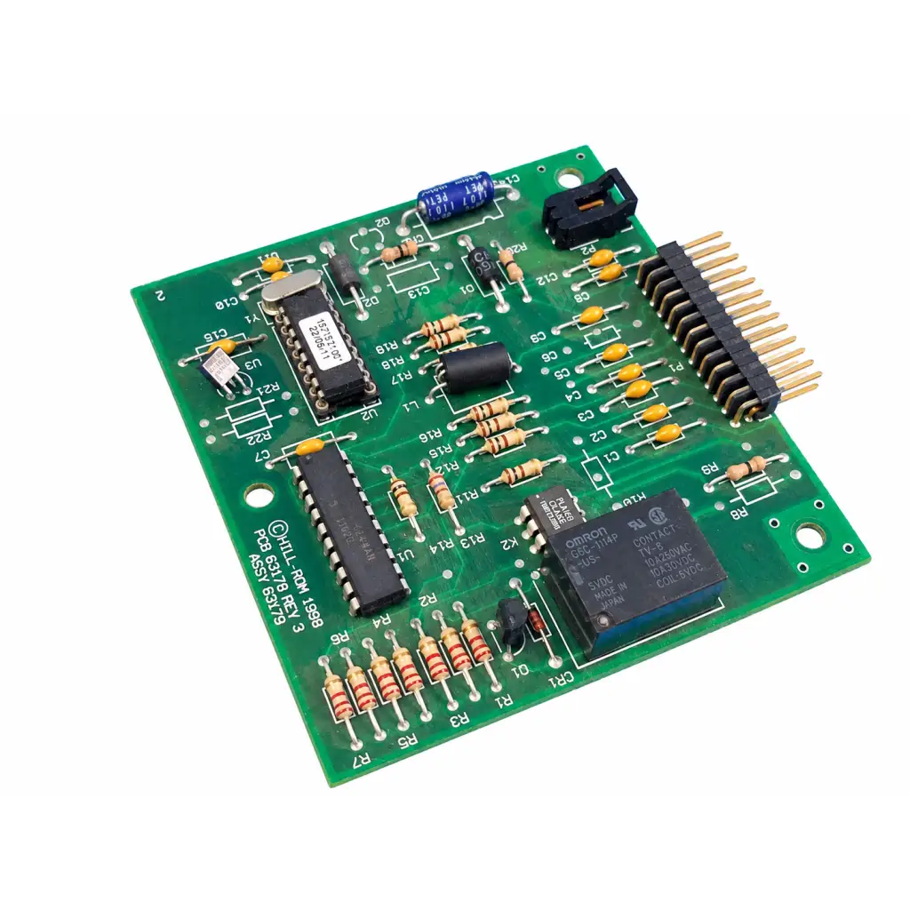 Green printed circuit board with black integrated circuits resistors capacitors and connectors for hill rom total care control board assembly
