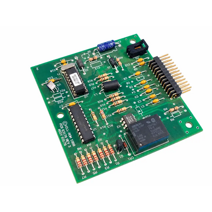 Green printed circuit board with black integrated circuits resistors capacitors and connectors for hill rom total care control board assembly