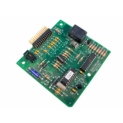 Green printed circuit board with resistors capacitors integrated circuits and black relay for hill rom total care control board assembly