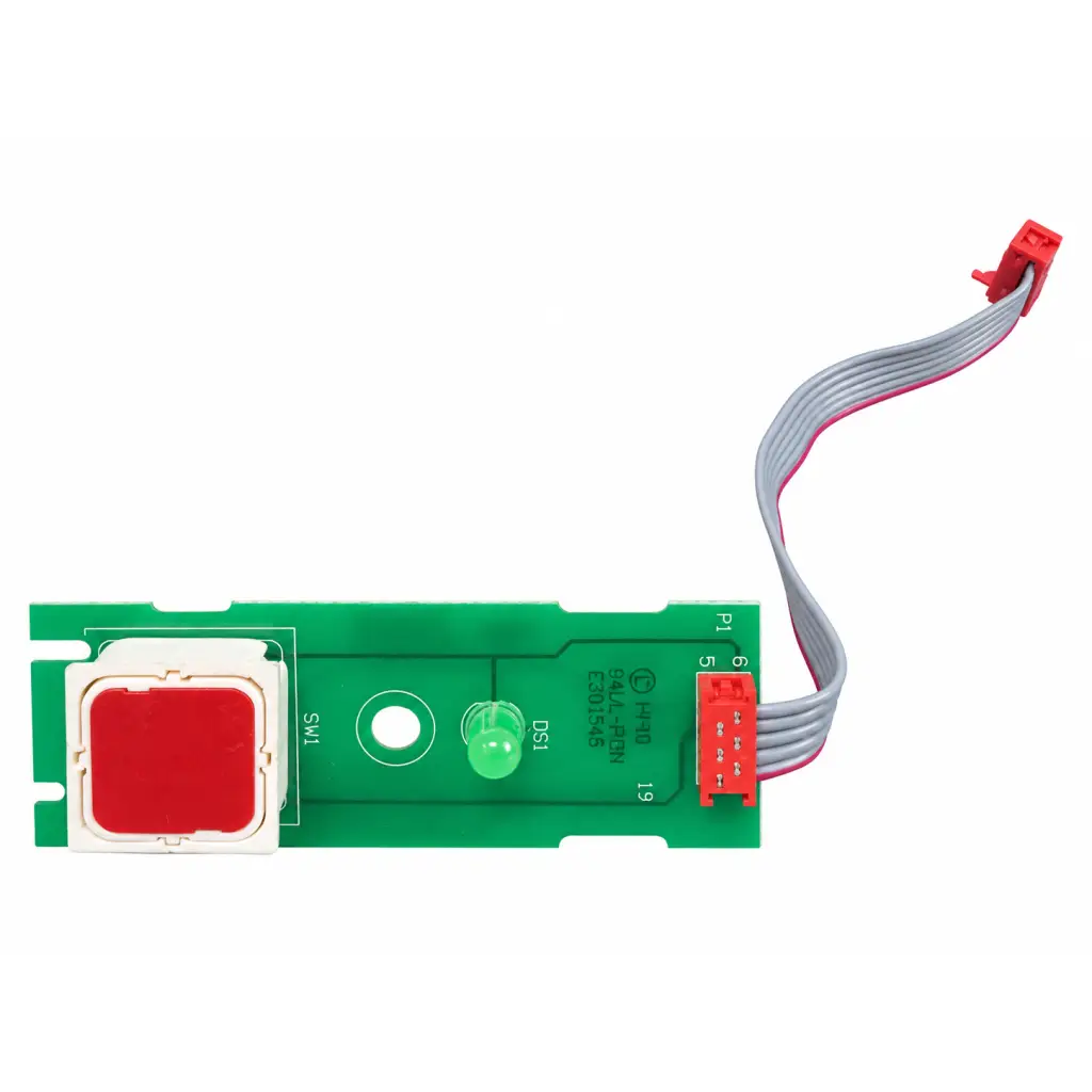 Green circuit board with red push button and gray ribbon cable in hill-rom totalcare nurse call pcb switch assembly 4742001p-11