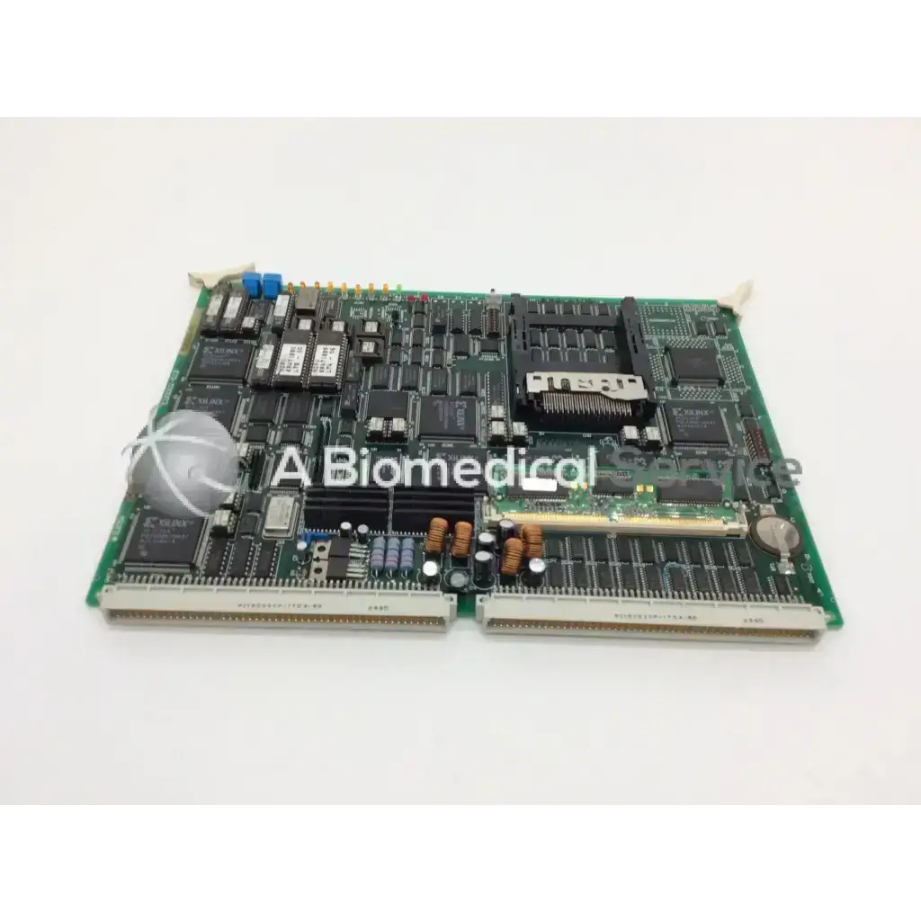 Green circuit board with black integrated circuits capacitors and connectors of hitachi cu0002-s13 cu0002-r13 ultrasound module