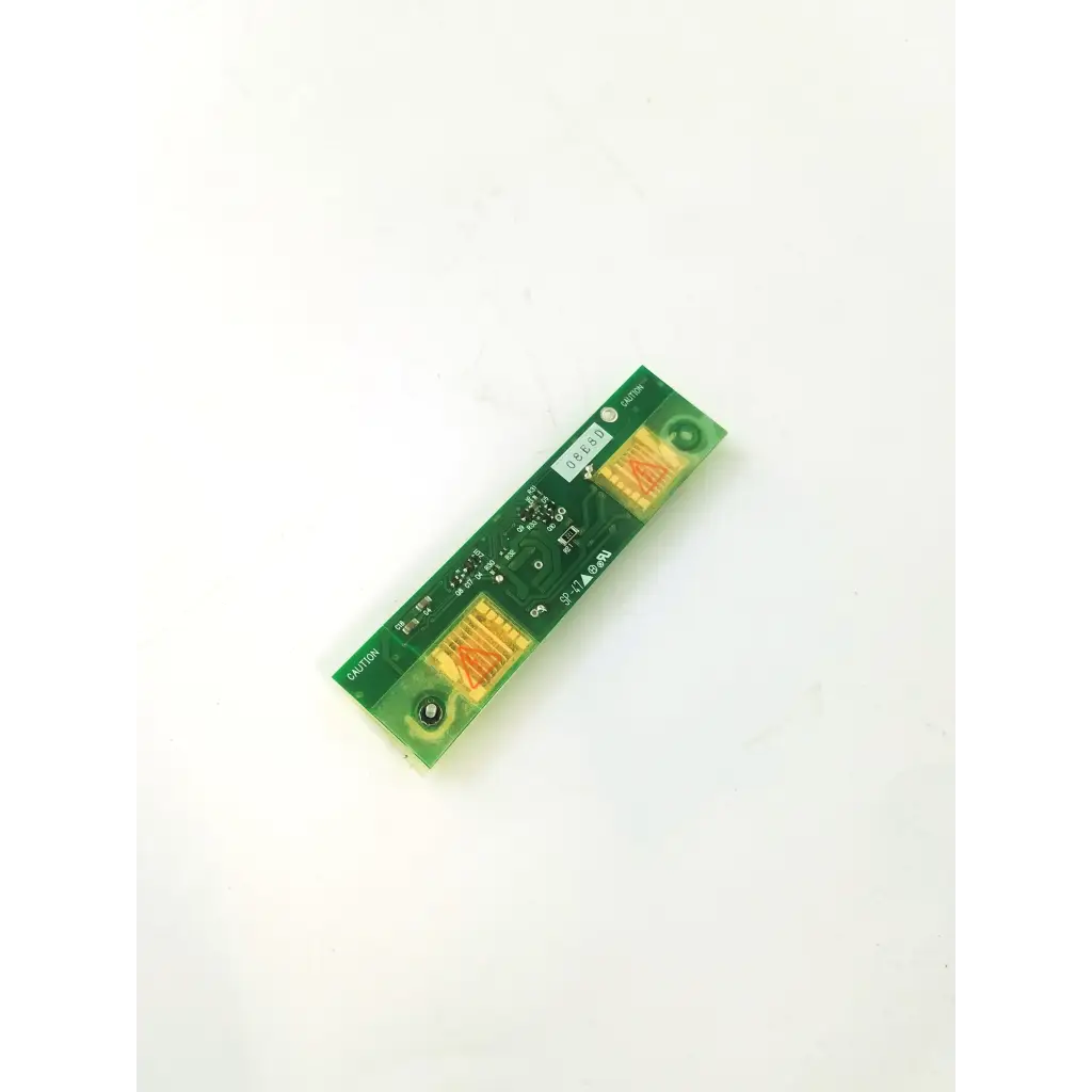 Green rectangular hitachi vnr10c209-inv inverter board with two yellow capacitors and printed electronic components