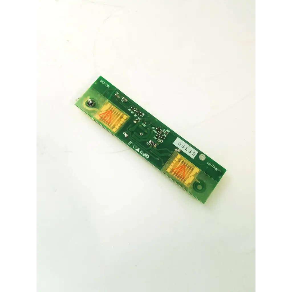 Green rectangular hitachi vnr10c209-inv inverter board with two yellow capacitors and printed labels for power control