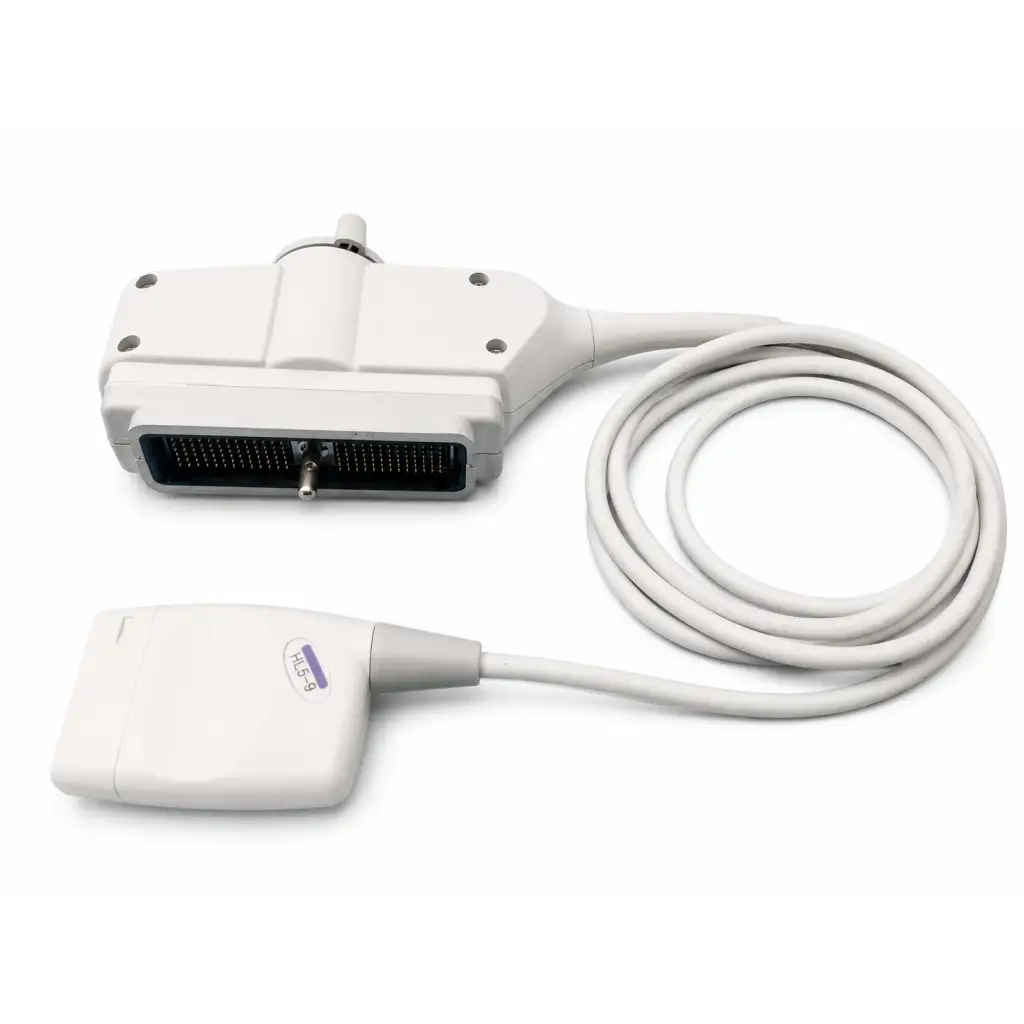 Hl5-9ed ultrasound transducer probe with white coiled cable and rectangular probe head with black connector interface