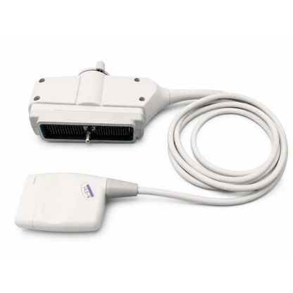 Hl5-9ed ultrasound transducer probe with white coiled cable and rectangular probe head with black connector interface