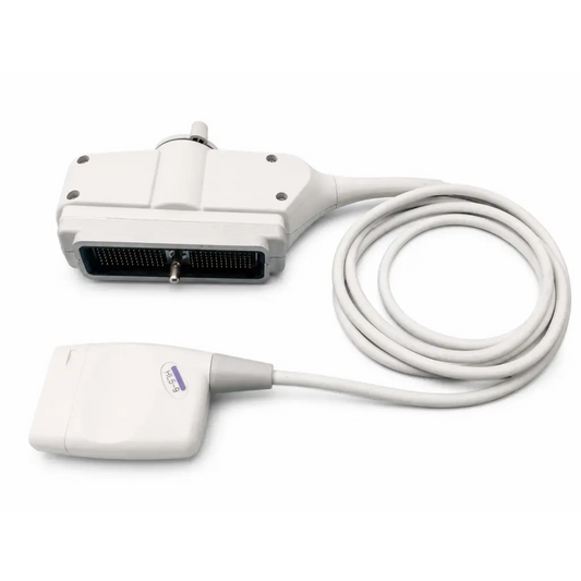 Hl5-9ed ultrasound transducer probe with white coiled cable and rectangular probe head with black connector interface
