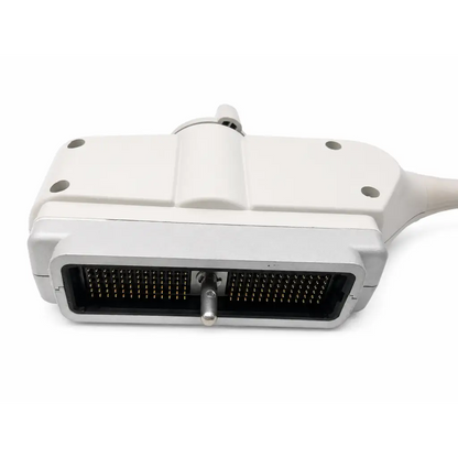 Hl5-9ed white plastic ultrasound transducer probe with black pin grid and central metallic adjustment knob for medical use