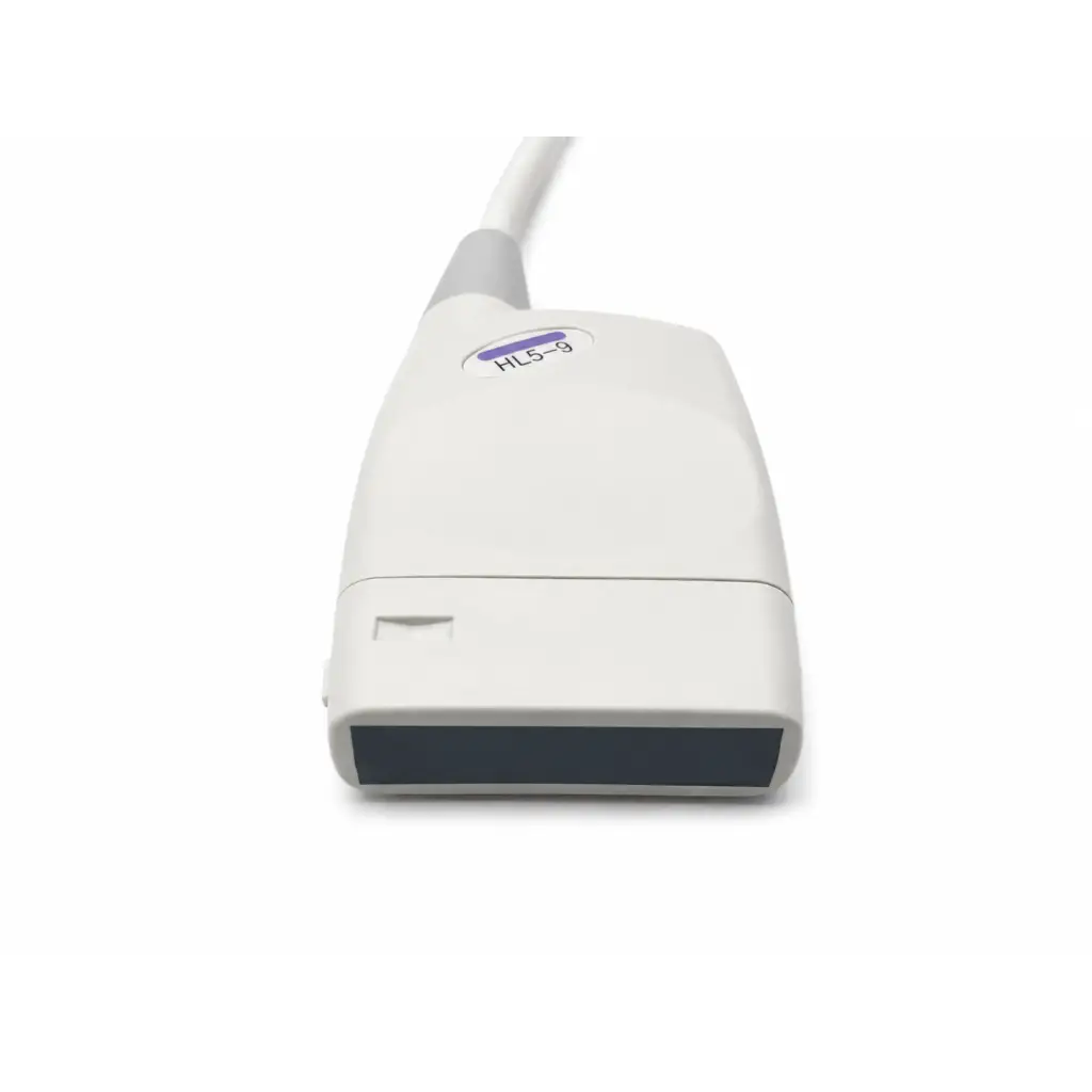 White hl5-9ed ultrasound transducer probe with gray cable and dark rectangular sensor face biomed certified