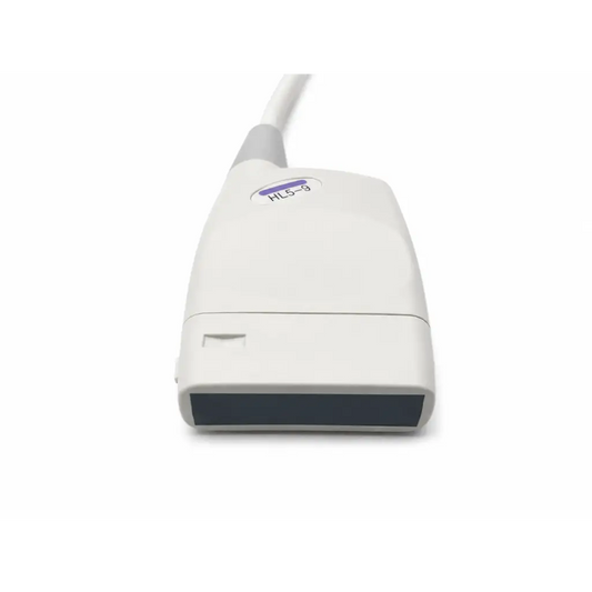 White hl5-9ed ultrasound transducer probe with gray cable and dark rectangular sensor face