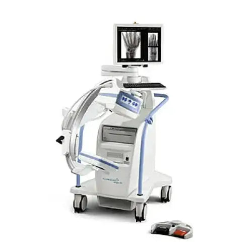 White and blue hologic insight fd mobile c-arm x-ray machine with monitor displaying medical images for biomedical service