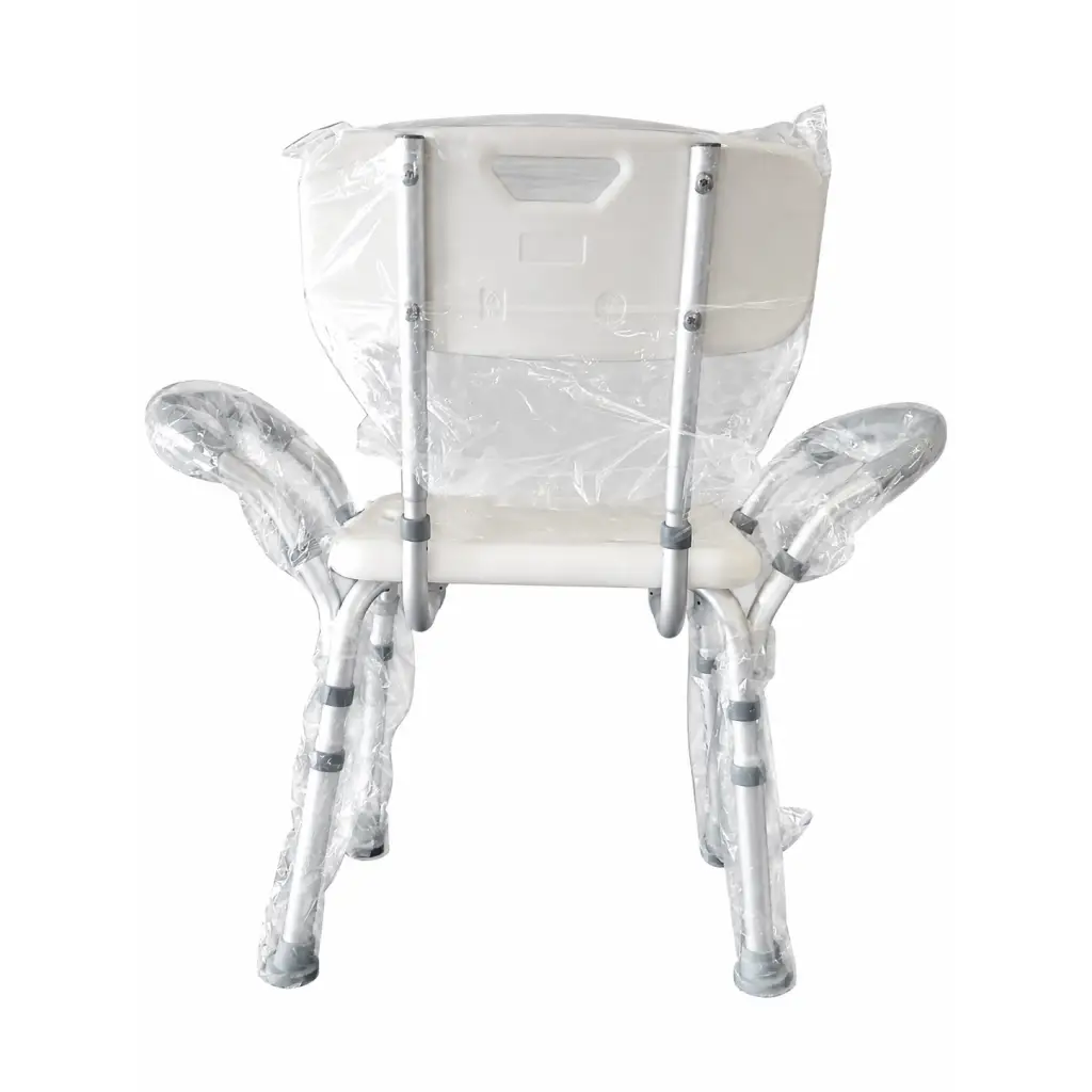 Homecraft adjustable shower chair with backrest padded armrests white plastic silver metal biomed certified wrapped