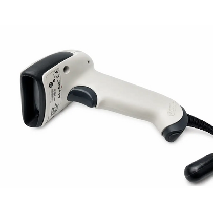 Honeywell adaptus 3800g barcode scanner handheld ergonomic white and black design with coiled cable