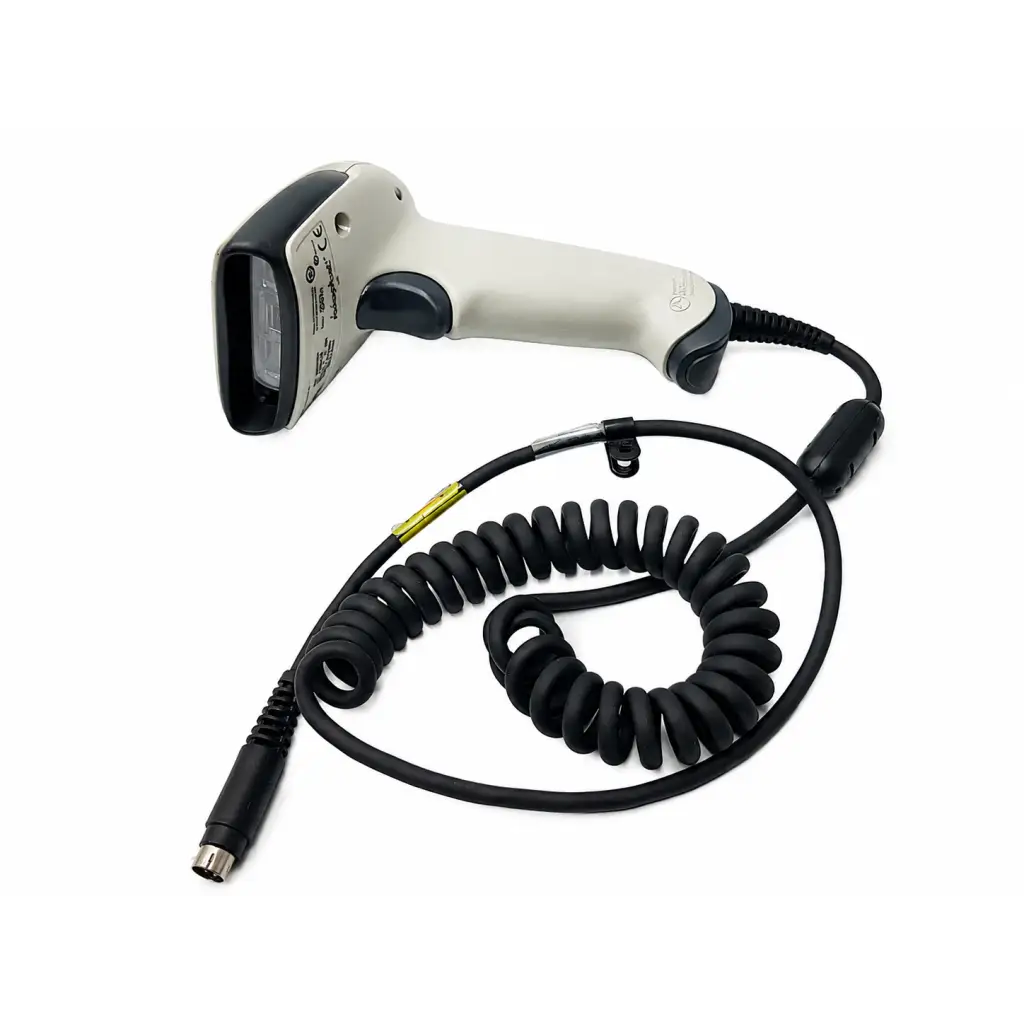 Beige and black honeywell adaptus 3800g barcode scanner with coiled black cable handheld device