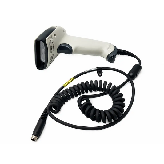 Beige and black honeywell adaptus 3800g barcode scanner with coiled black cable handheld device