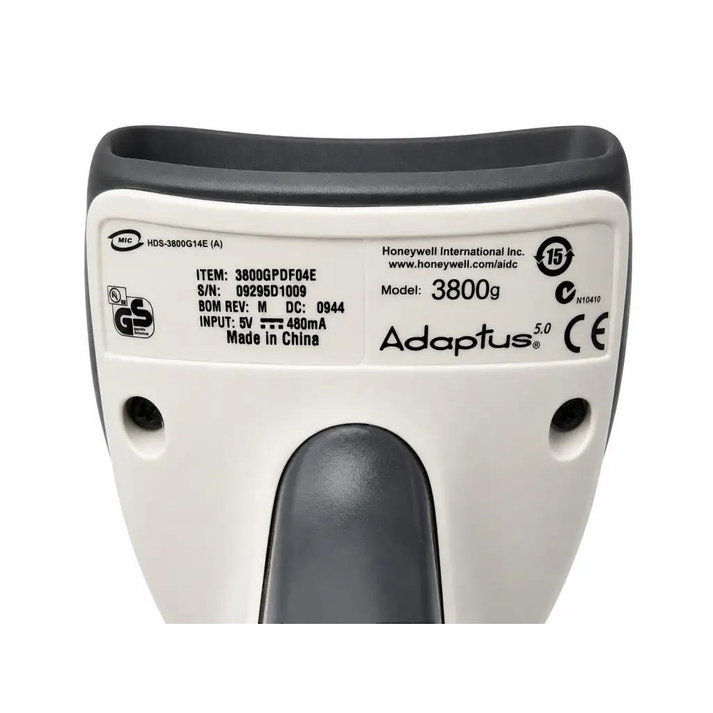 White and black honeywell adaptus 3800g barcode scanner with coiled cable and rubberized grip for ergonomic use