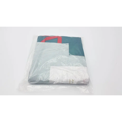 Packaged teal and gray hovermatt lateral transfer air mattress with red geometric design wrapped in clear plastic