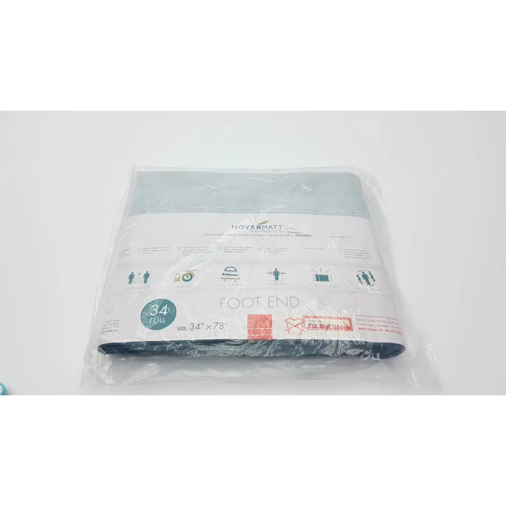 Hovermatt 34x78 light blue and black lateral transfer air mattress pad packaged with size label for single-patient use
