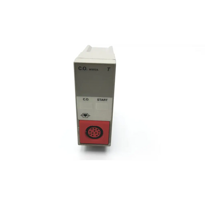 Gray and red hp c.o m1012a cardiac output module with labeled buttons and circular port for medical use