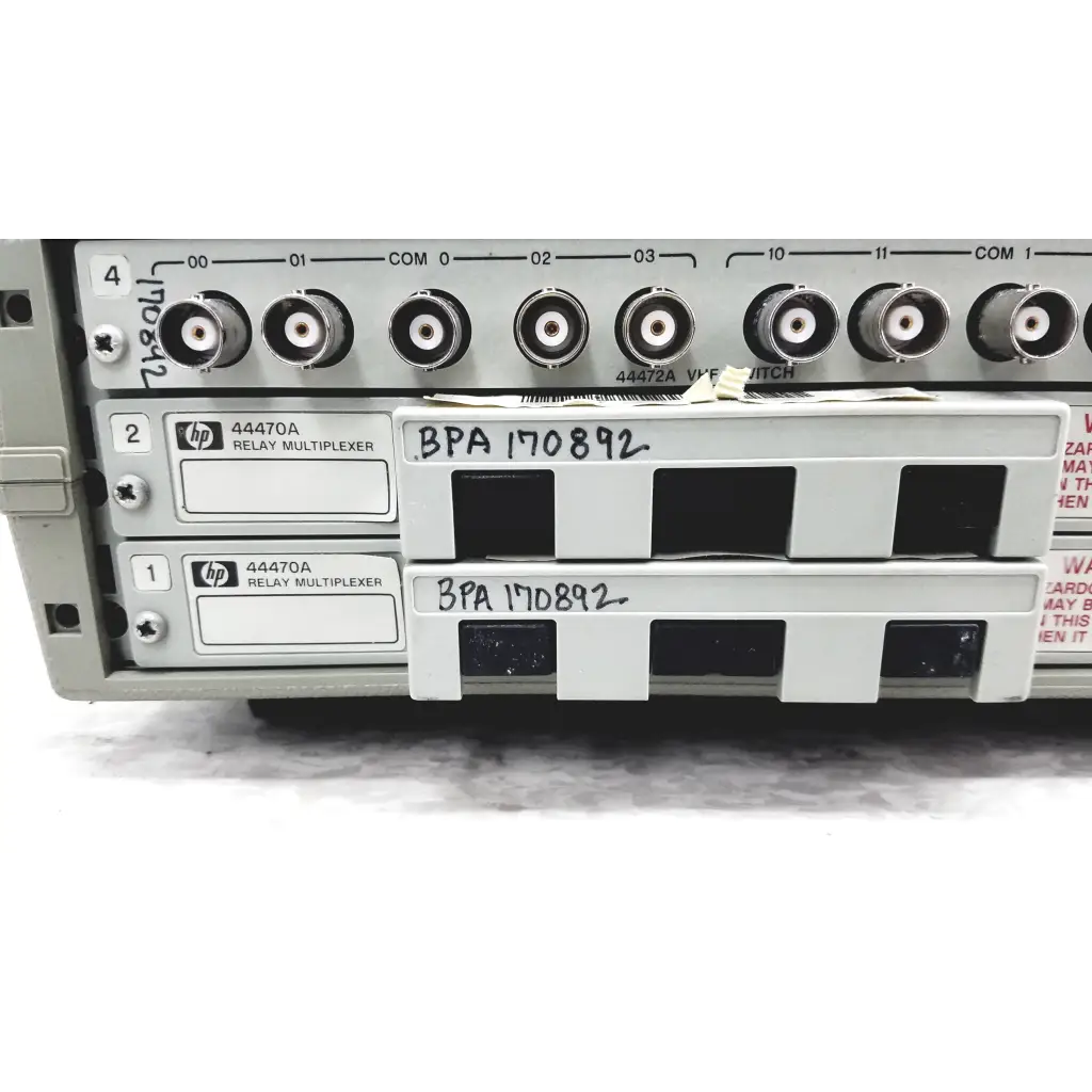 Gray hp 44470a relay multiplexer modules with black labeling and bpa serial numbers for hewlett packard 3488a switch control unit