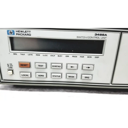 White hp hewlett packard 3488a switch control unit with digital display and multiple labeled buttons for switch control
