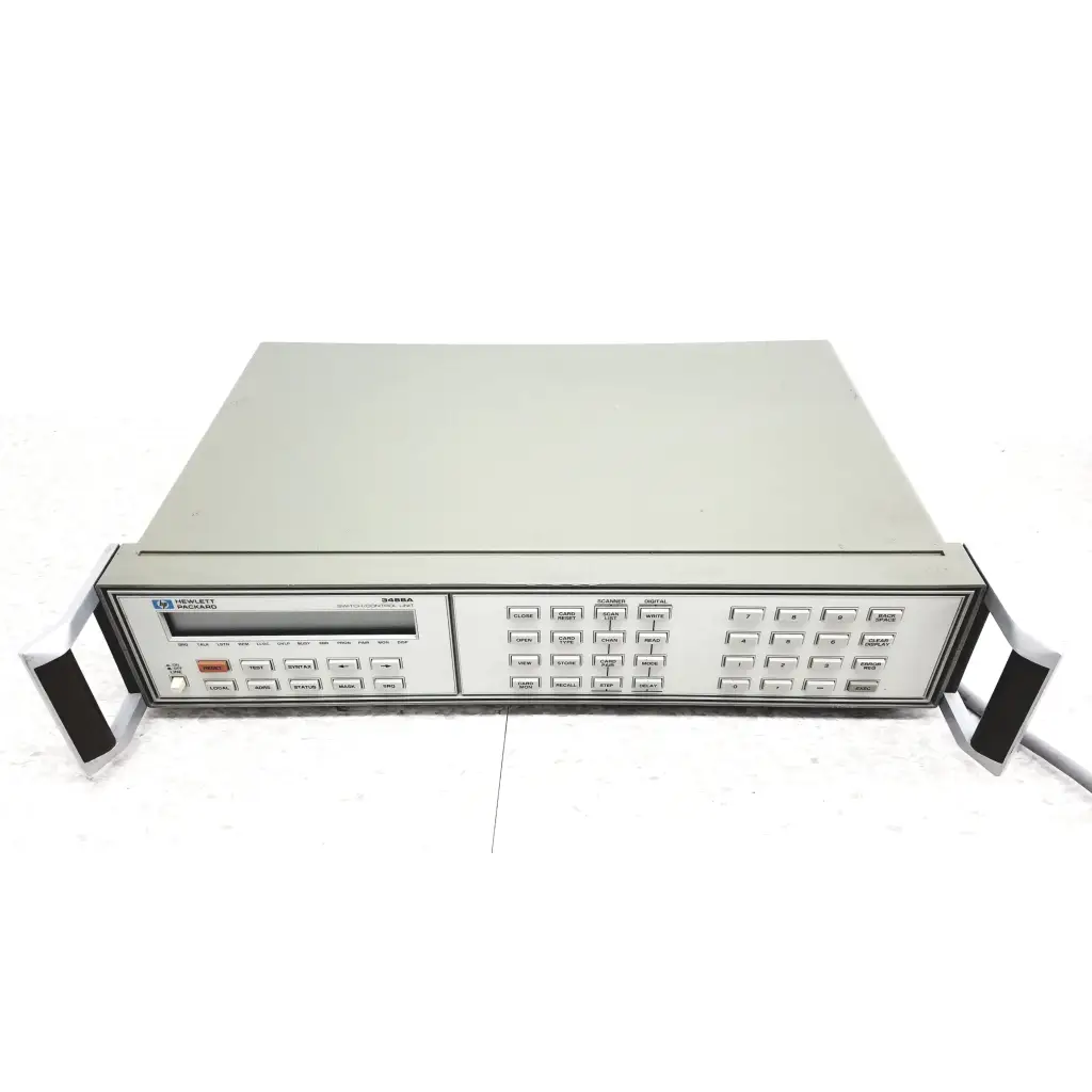 Gray metal rack-mountable hewlett packard 3488a switch control unit with digital display and labeled buttons for switch control