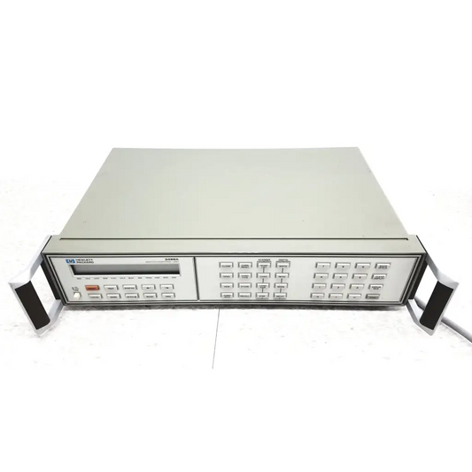 Gray metal rack-mountable hewlett packard 3488a switch control unit with digital display and labeled buttons for switch control
