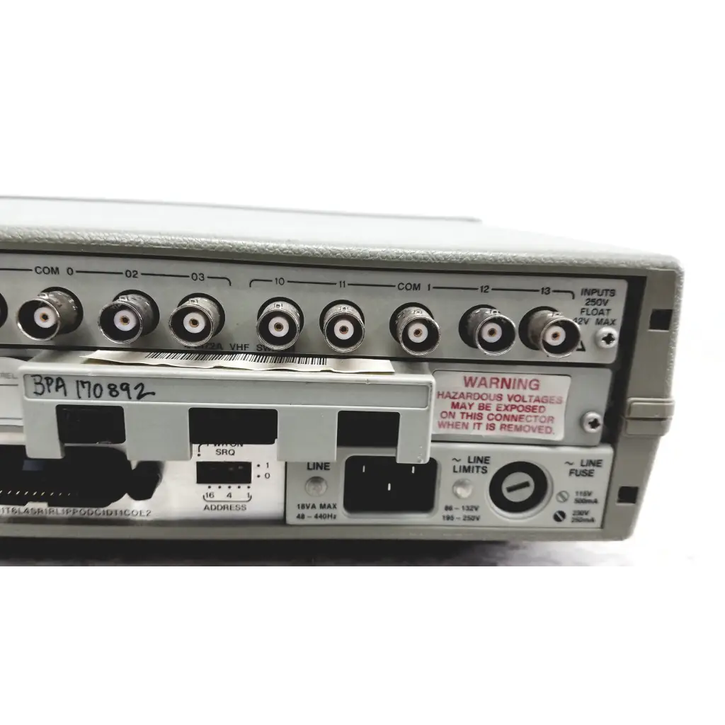 Gray metal hewlett packard 3488a switch control unit back with multiple bnc connectors and warning label