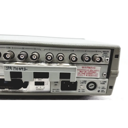 Gray metal hewlett packard 3488a switch control unit back with multiple bnc connectors and warning label