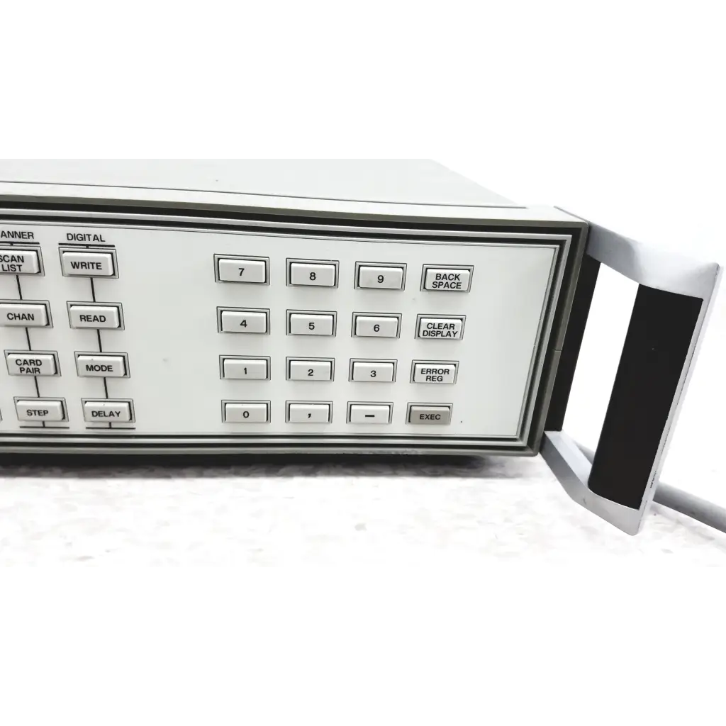 White rectangular Hewlett Packard 3488A switch control unit with numeric keypad and black handle for switch control tasks