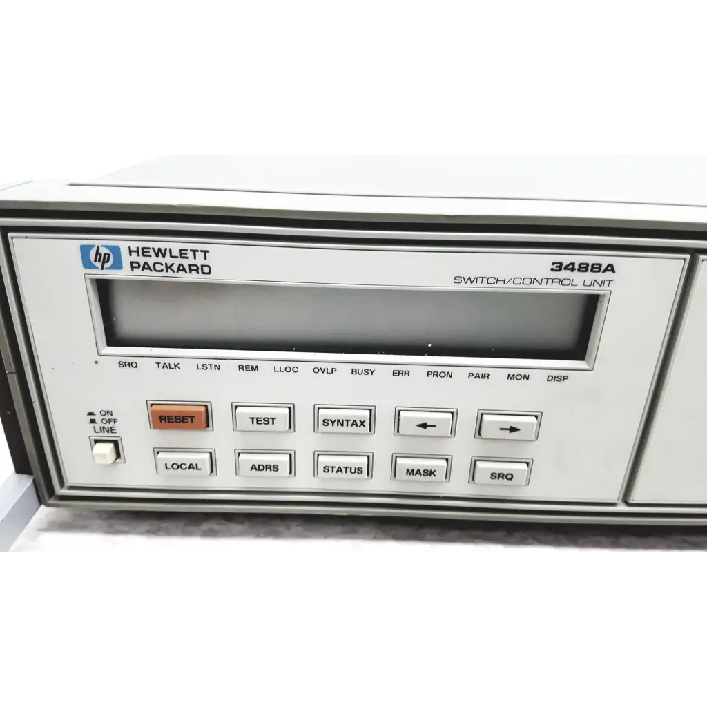White hp hewlett packard 3488a switch control unit with gray display screen and labeled function buttons