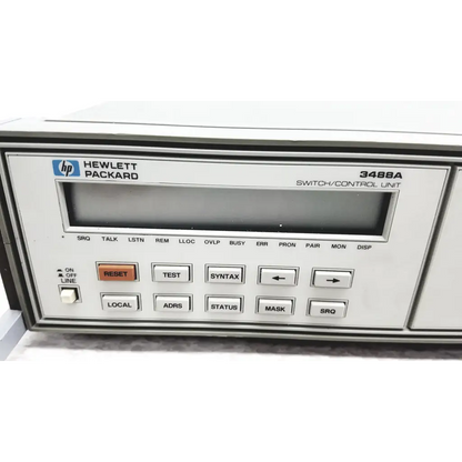 White hp hewlett packard 3488a switch control unit with gray display screen and labeled function buttons