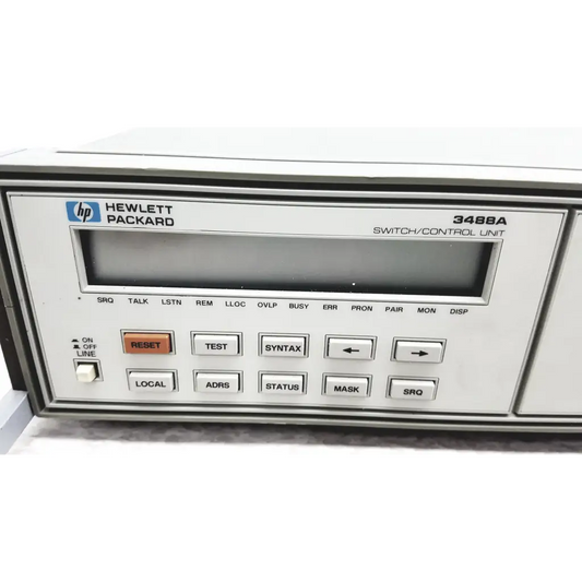 White hp hewlett packard 3488a switch control unit with gray display screen and labeled function buttons