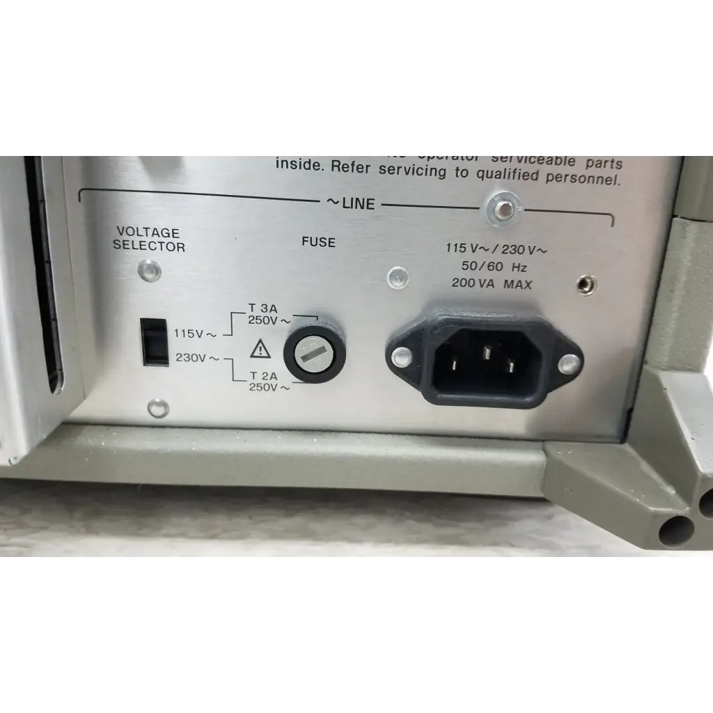Back side of a silver metallic power supply unit for hp hewlett packard 4284a precision lcr meter with voltage switch