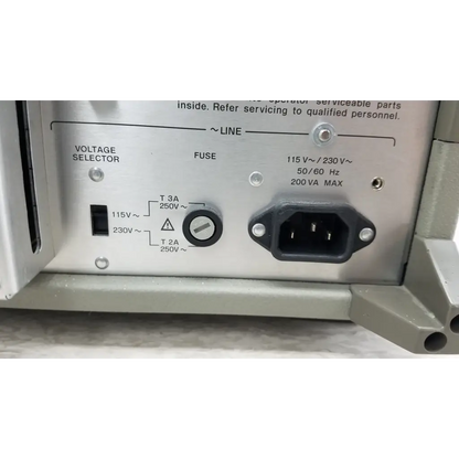 Back side of a silver metallic power supply unit for hp hewlett packard 4284a precision lcr meter with voltage switch