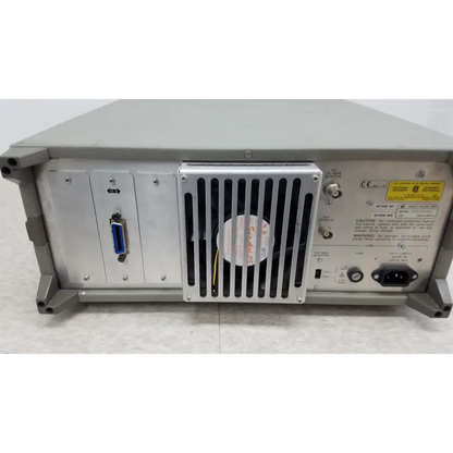 Gray metal rack-mountable hewlett packard 4284A precision lcr meter back with blue db-25 connector and ventilation grille