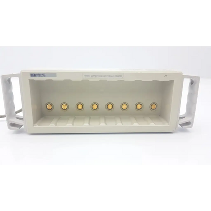 Beige plastic hp m1041a intellivue information center module rack fixture with eight gold-plated connectors on back side