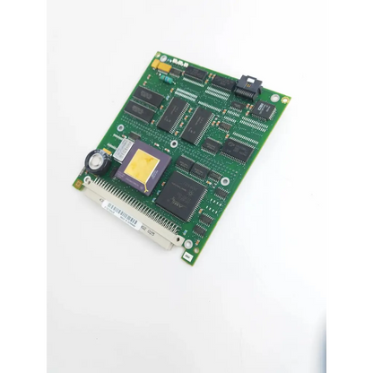 Green printed circuit board with black integrated circuits and yellow component in hp m1053-66415 telemetry board