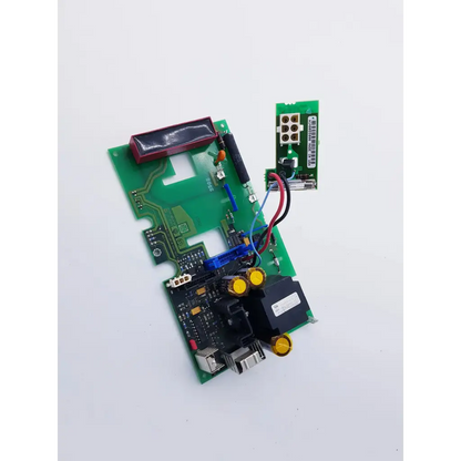 Green circuit board with black and yellow components red capacitor blue connector and usb ports for hp pca high voltage code master xl