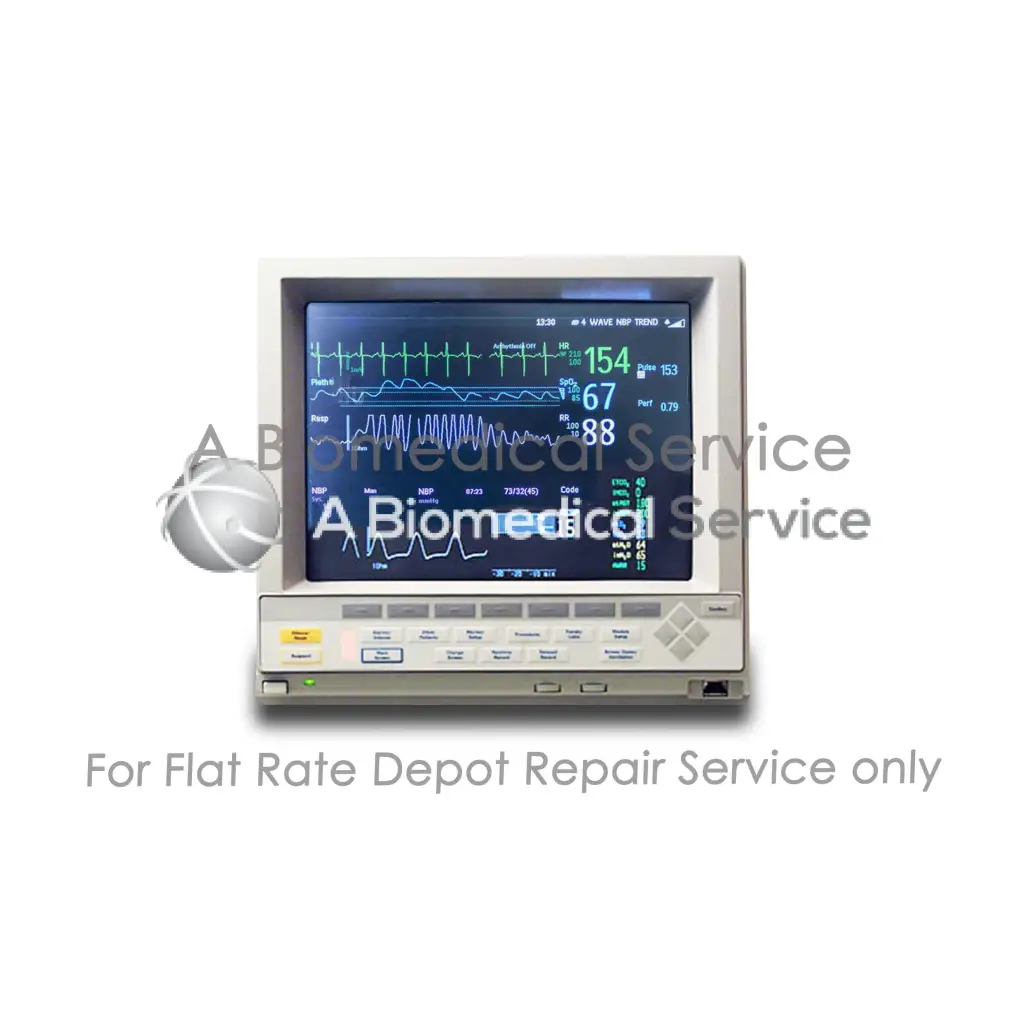 Gray hp philips m1094b color medical equipment monitor repair service showing vital signs on blue screen with green waveforms