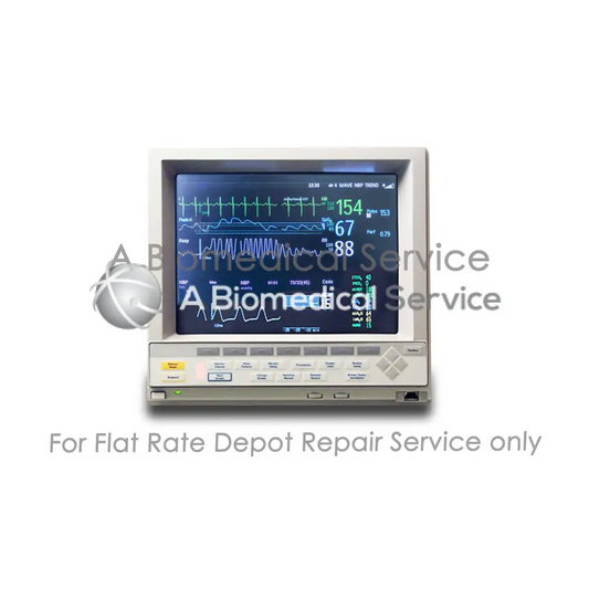 Gray hp philips m1094b color medical equipment monitor repair service showing vital signs on blue screen with green waveforms