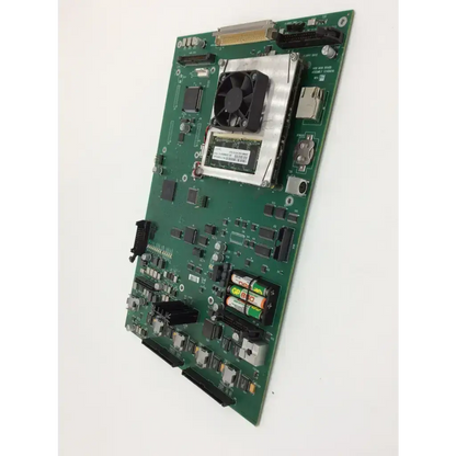 Green circuit board with black components cooling fan on silver heatsink and three aa batteries for philips sonos bbce1-8 main board