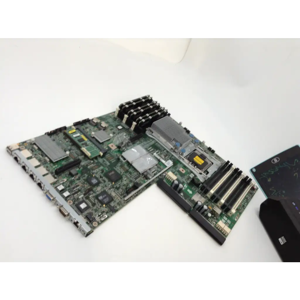 Green hp proliant dl360 g7 motherboard system board with black and silver components ram slots and cpu socket ep527800aa