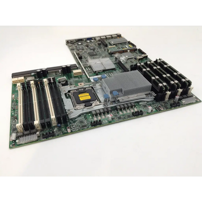 Hp proliant dl360 g7 motherboard system board green with black and silver components and heat sink over cpu socket ep527800aa