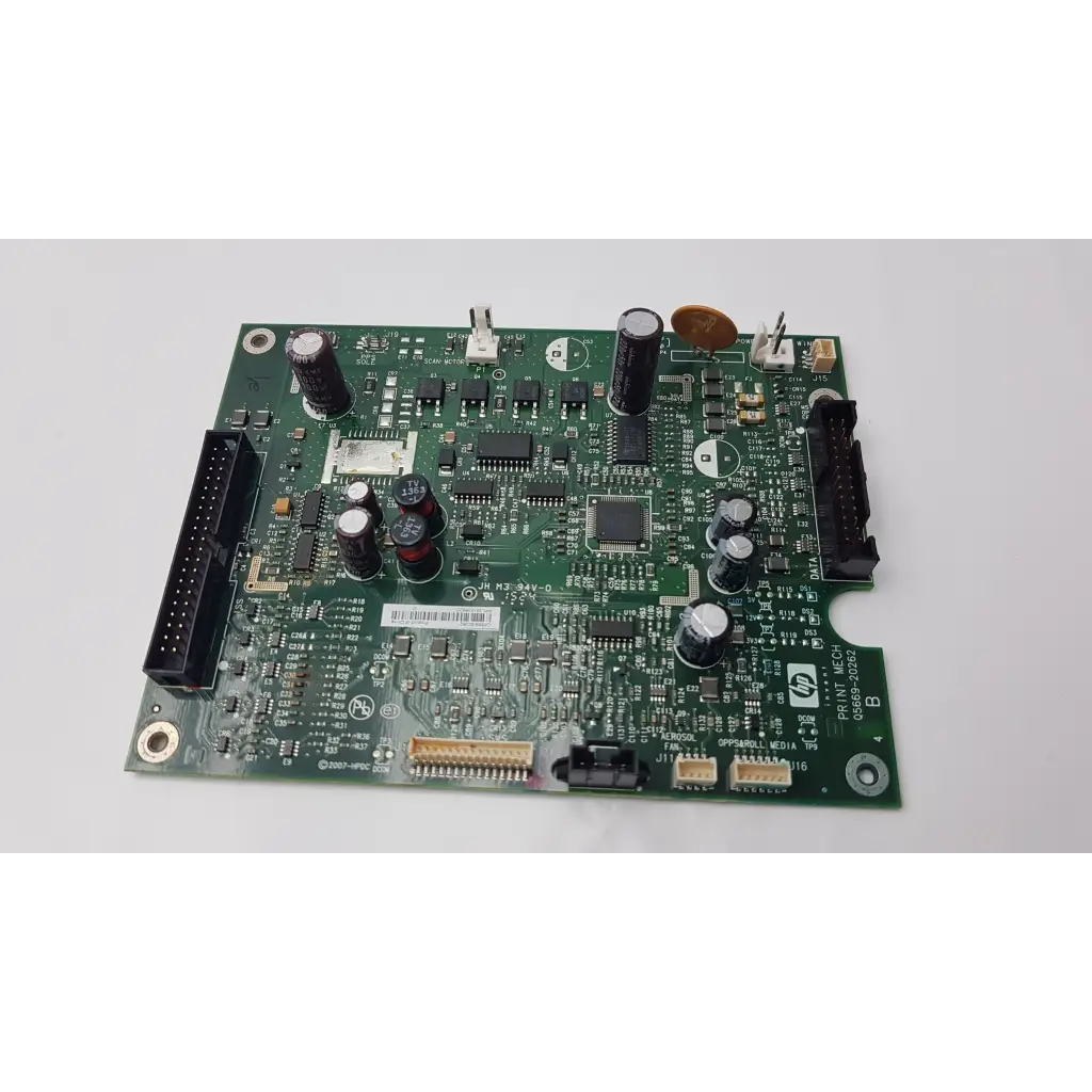 Green hp print mech pca board model q5669-20262 with black and silver components for hp designjet plotters
