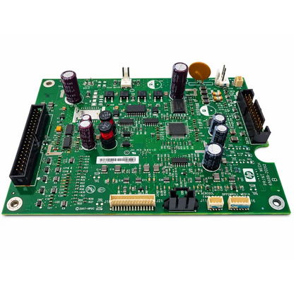 Green hp q5669-20262 print mech pca board with black and purple capacitors and silver connectors for designjet plotters